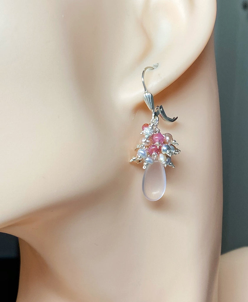 Pink Rose Quartz Gemstone and Pearl Cluster Earrings