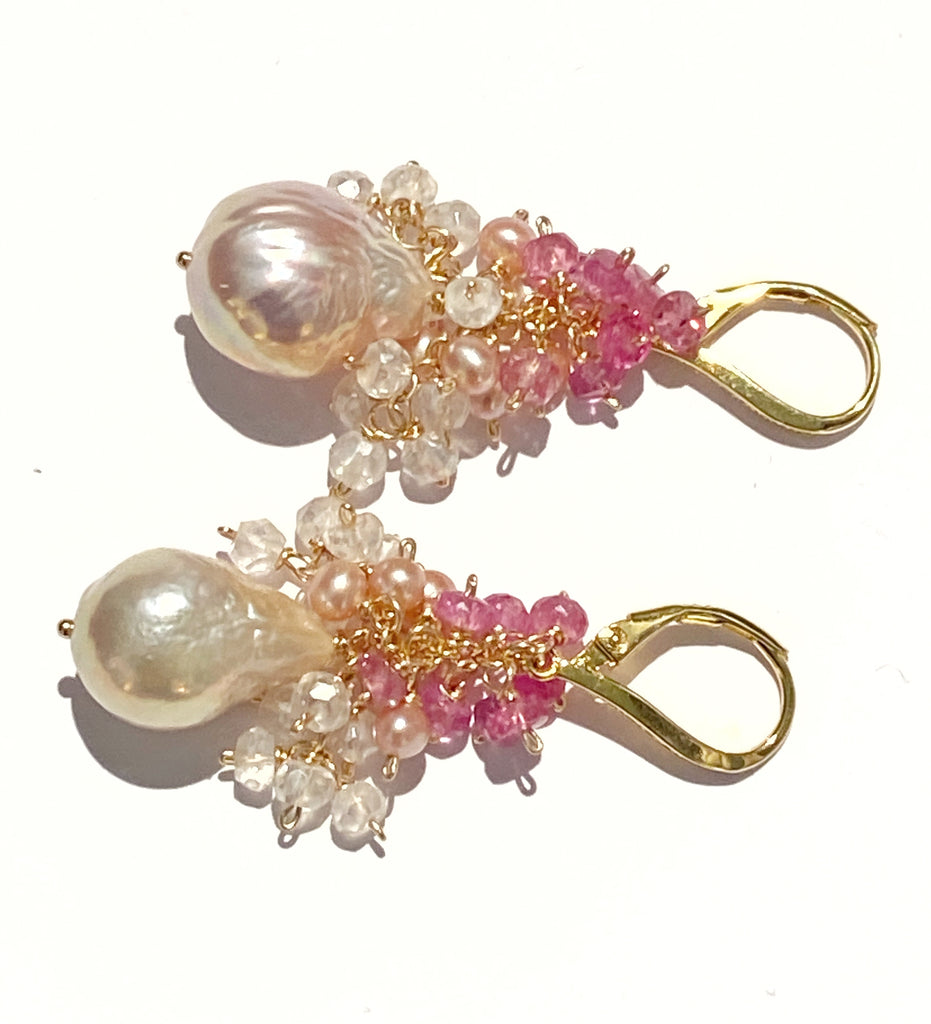 Blush Baroque Pearl Earring Pink Sapphire Gem Cascade Wedding Earrings