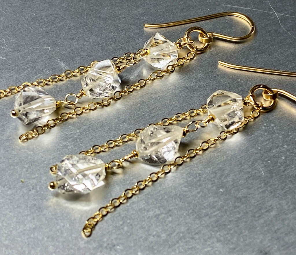 Herkimer Diamond Crystal Quartz Long Gold Fill Dangle Earrings