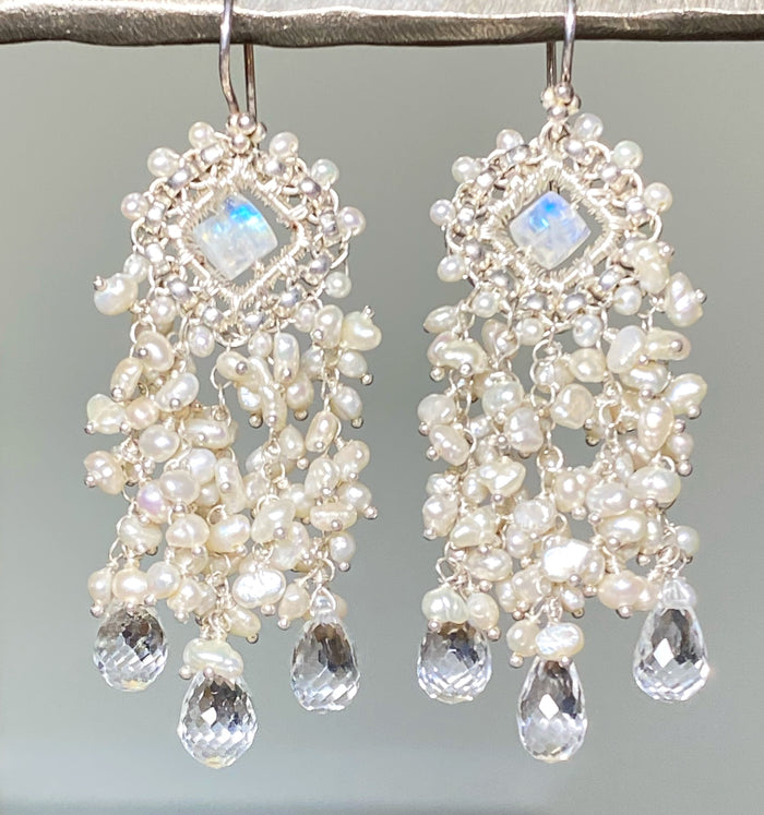 moonstone and pearl handmade chandelier statement bridal wedding earrings