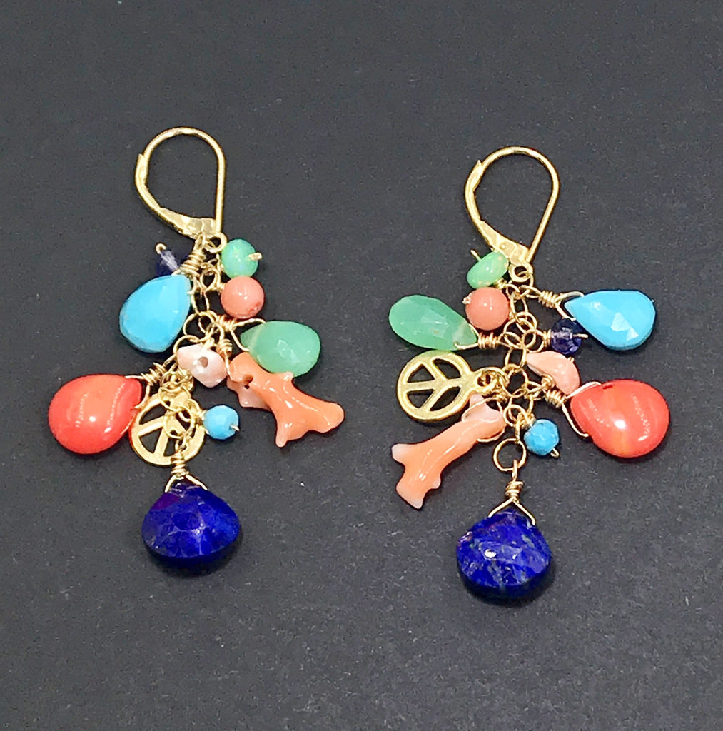 Multi Gemstone Gold Dangle Earrings Coral Blue Lapis Turquoise