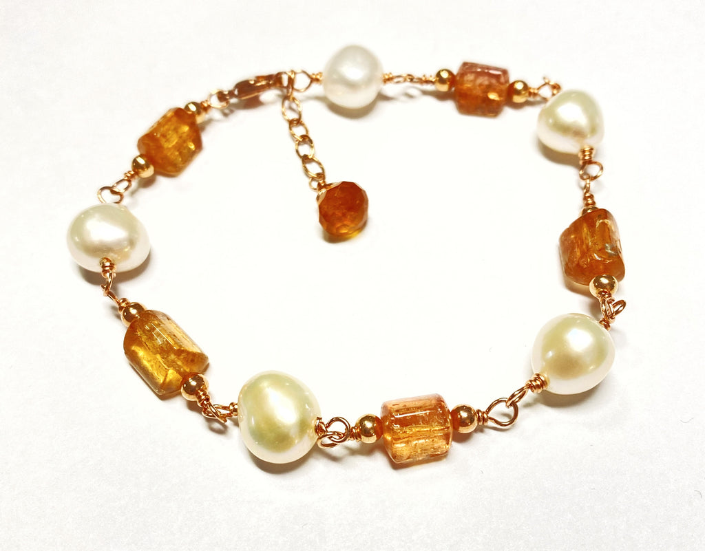 Imperial Topaz, Pearl and Rose Gold Wire Wrapped Bracelet