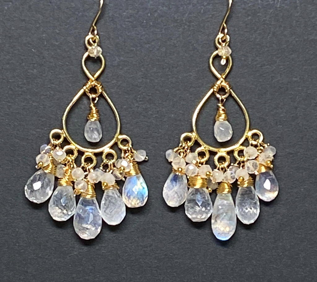 Rainbow Moonstone Gold Chandelier Earrings
