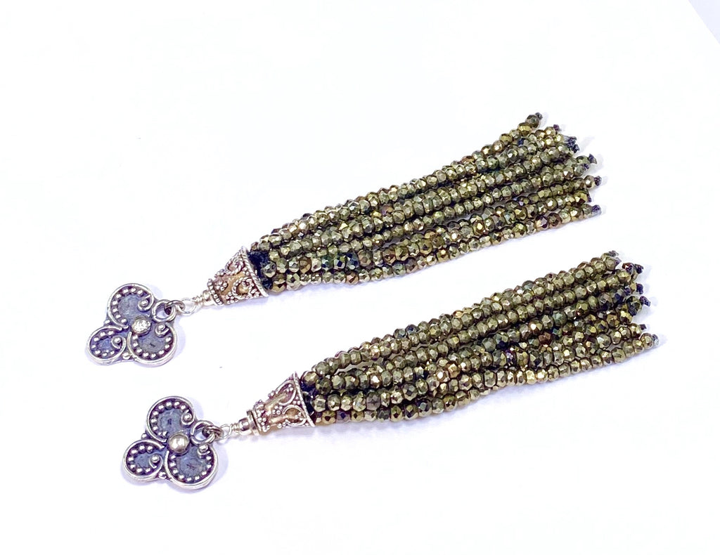 Pyrite Tassel Earrings Gold Mystic Spinel Sterling Silver