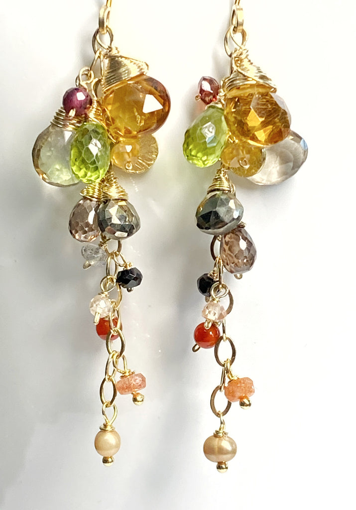 Citrine, smokey quartz, brown zircon, pyrite  gold filled wire wrapped gemstone dangle earrings