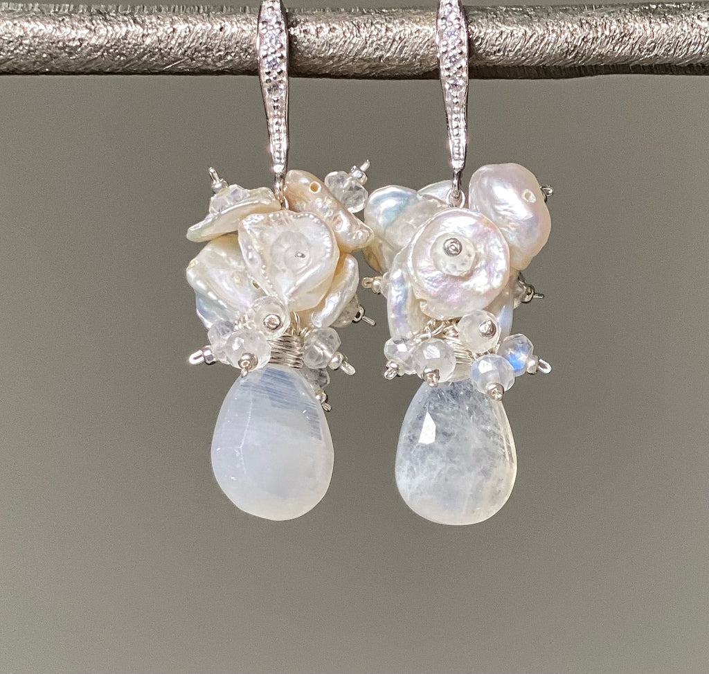 Rainbow Moonstone Keishi Pearl Cluster Bridal Earrings Sterling Silver