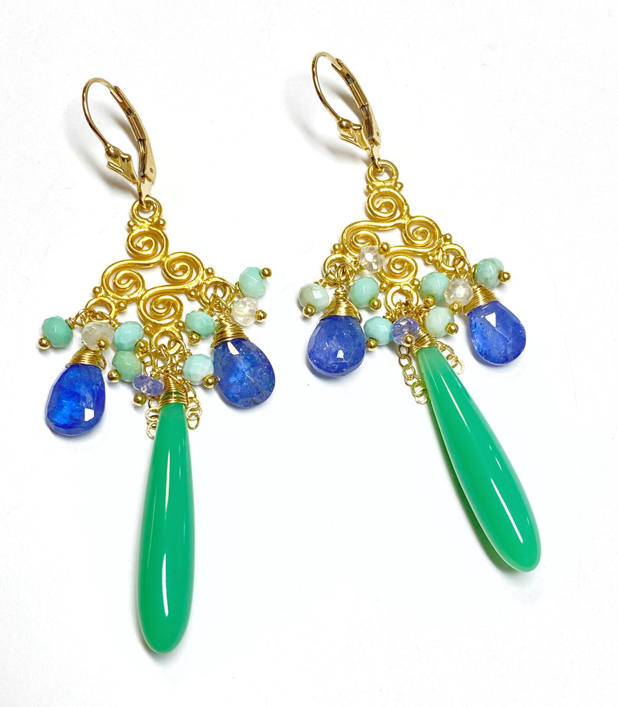 Tanzanite and Green Gemstone Chandelier Gold Fill Earring - doolittlejewelry
