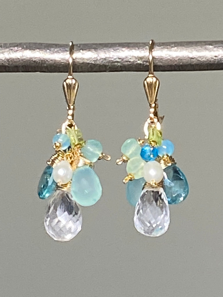 Aqua Gold Filled Dangle Earrings Crystal Quartz & Apatite