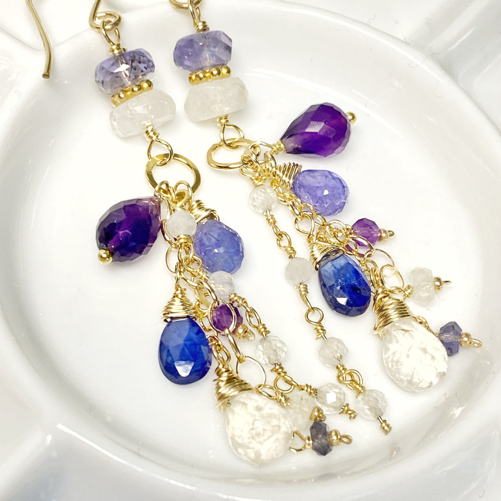 Blue Violet Gemstone Dangle Earrings - Amethyst, Tanzanite, Kyanite, Moonstone