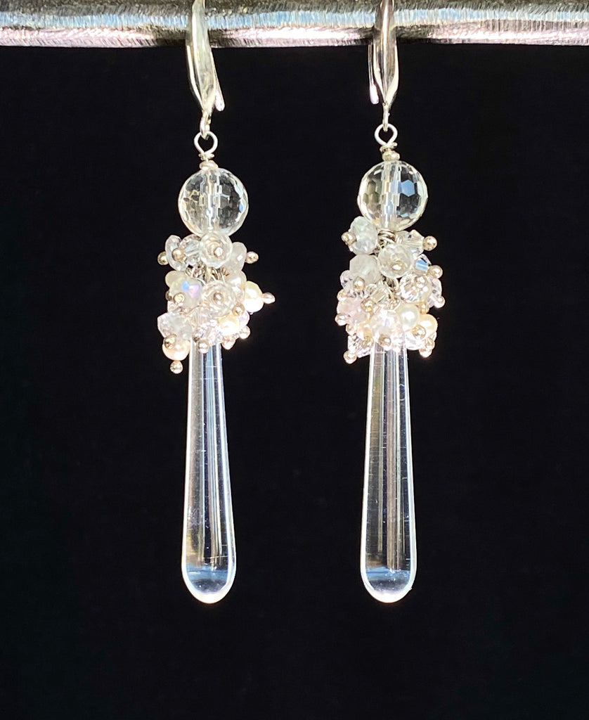 Pearl Cluster Long Crystal Quartz Drop Wedding Earrings - doolittlejewelry