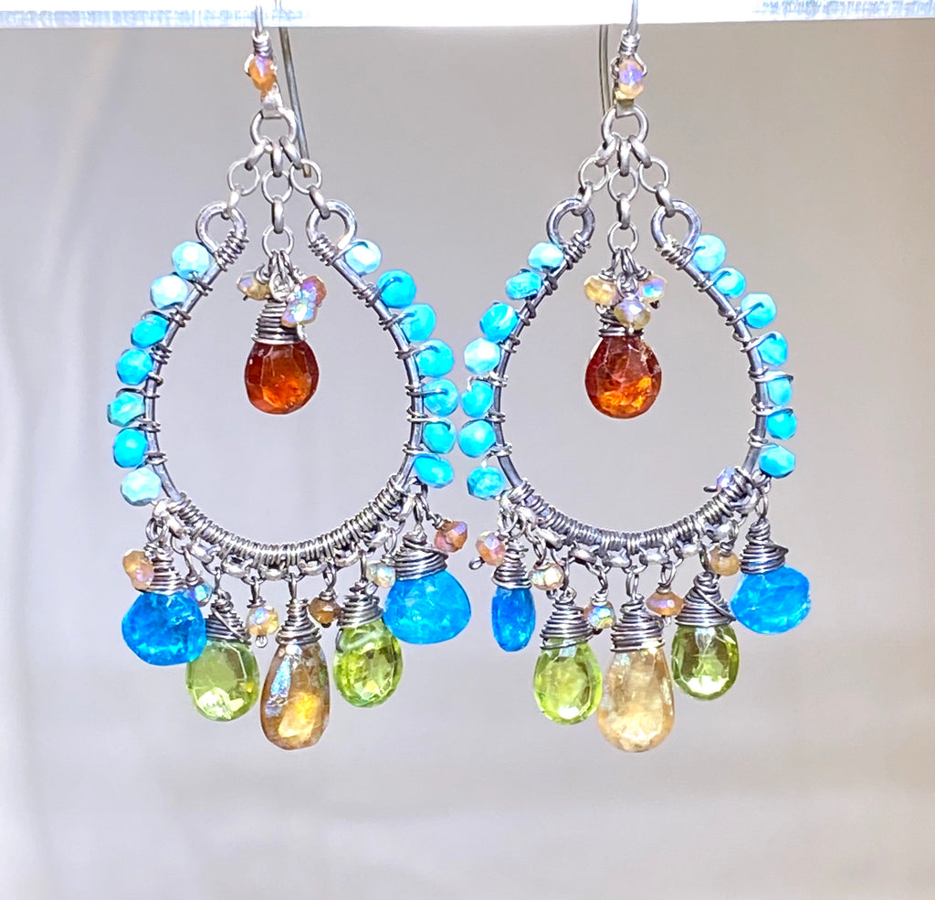 Multi-color Gemstone Oxidized Silver Boho Hoop Earrings Turquoise Peridot Mystic Hessonite - doolittlejewelry