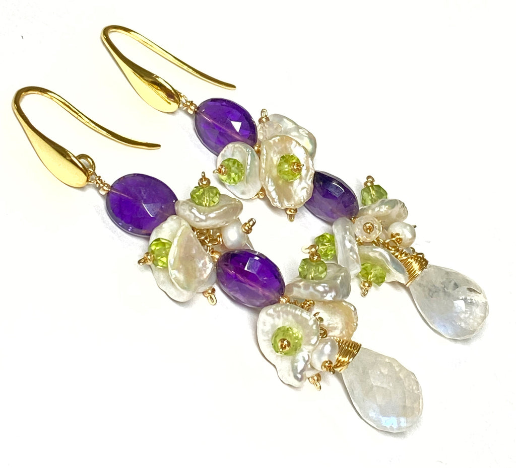 Amethyst Peridot Moonstone Keishi Pearl Long Drop Earrings