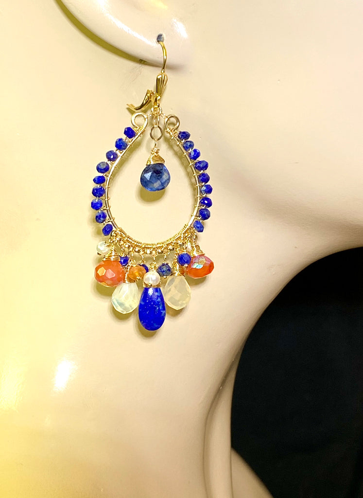Blue Lapis Gold Fill Hoop Earrings Mystic Carnelian & Fire Opal - doolittlejewelry