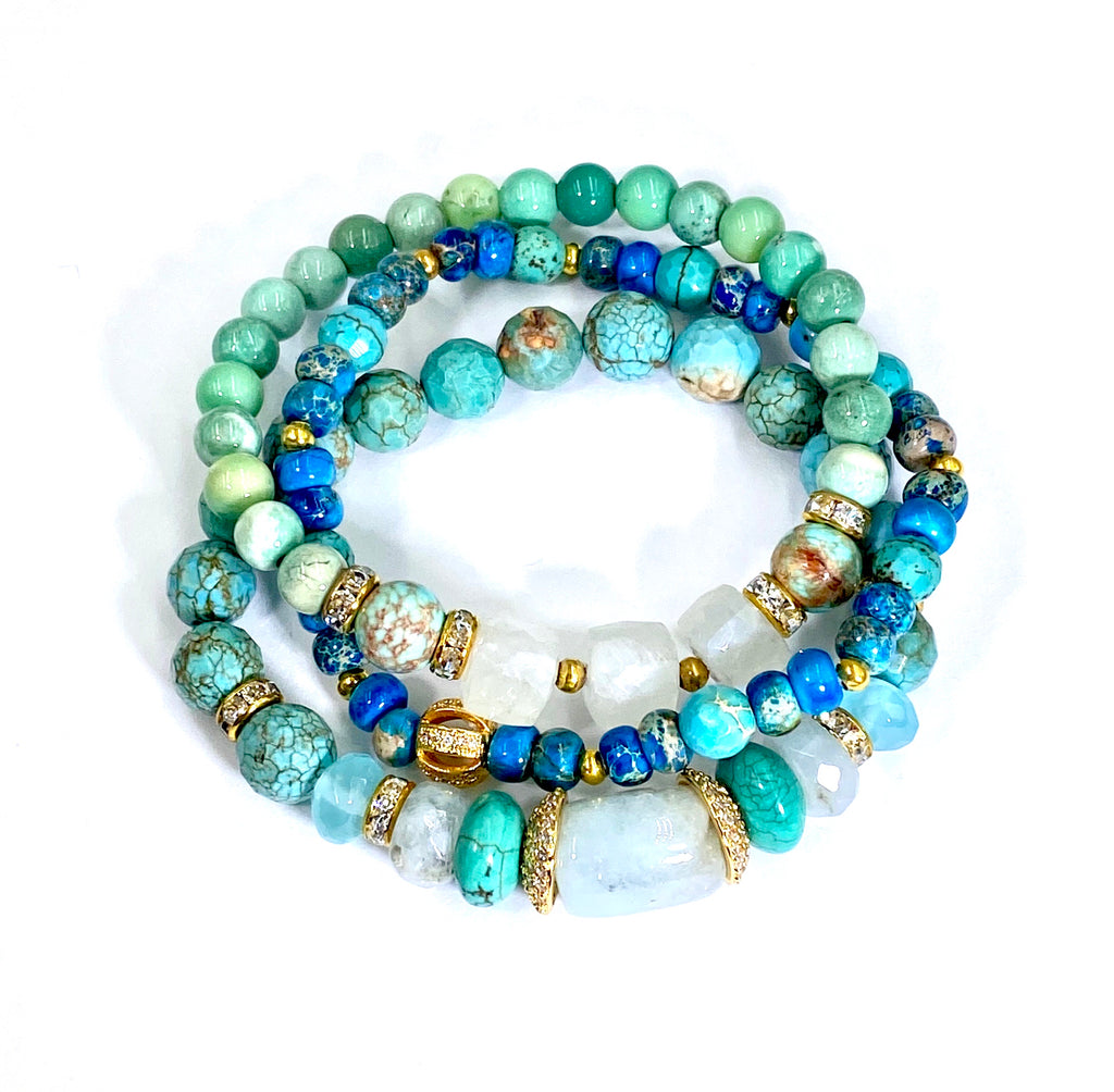 Turquoise Stretch Stacking Bracelet Set of 3 Gold Pave CZ - doolittlejewelry