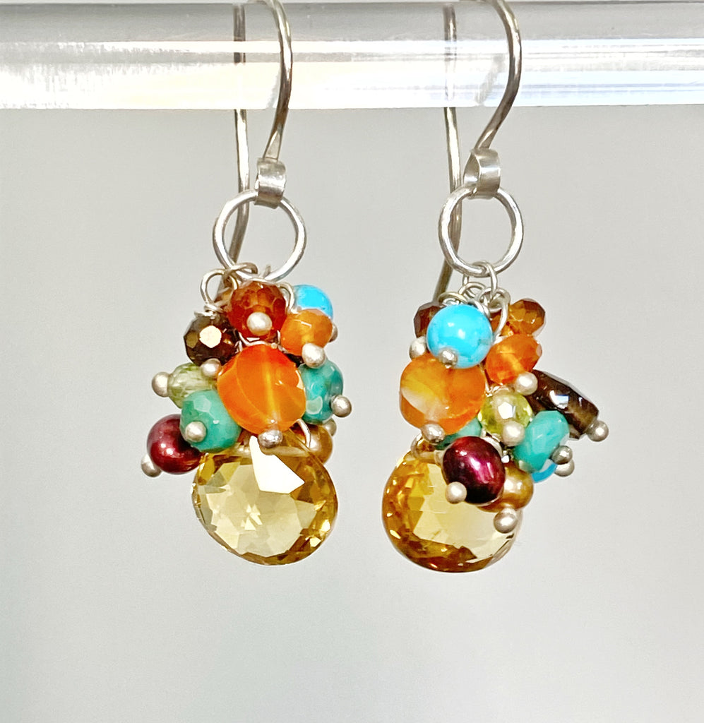 Citrine Earrings with Multi-color Gemstone Clusters Sterling Silver