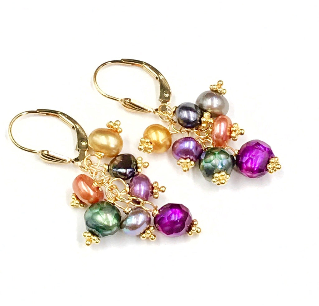 Multi-color Pearl Dangle Earrings Gold