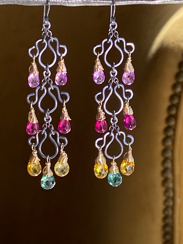 Multi-color Long Chandelier Earrings Oxidized Silver Colorful Corundum Quartz - doolittlejewelry