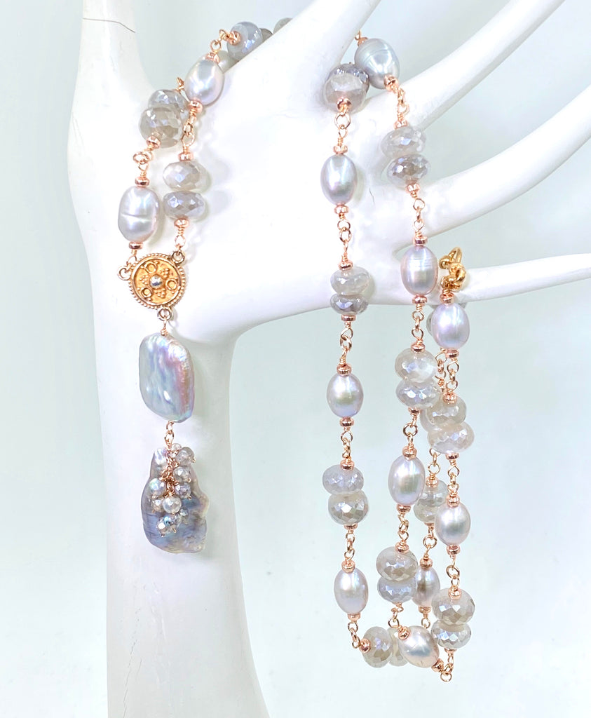 Rose Gold Silver Grey Pearl Moonstone Gemstone Long Necklace Sautoir - doolittlejewelry