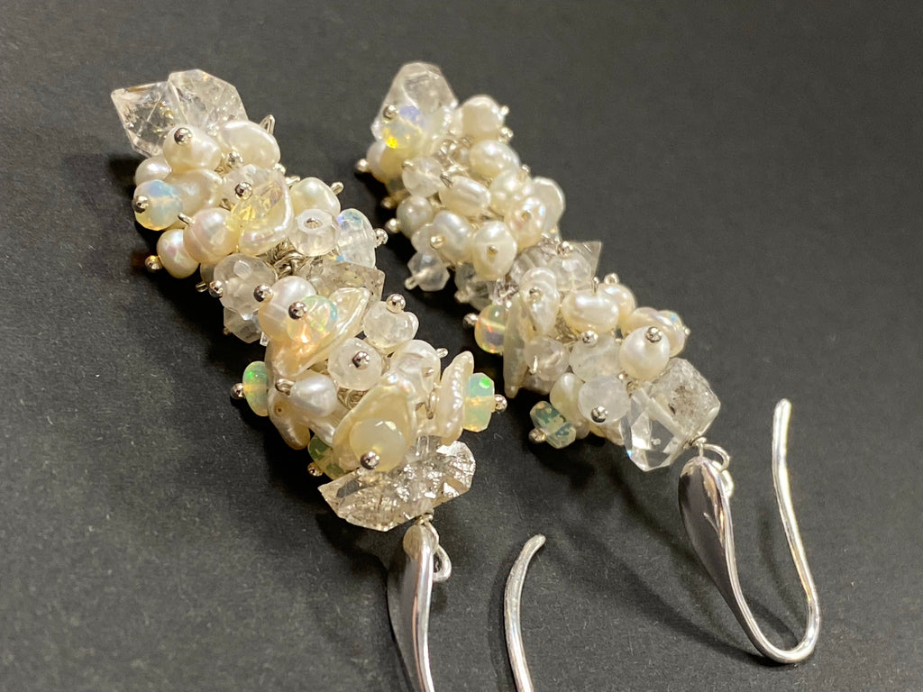 Herkimer Diamond Welo Ethiopian Opal Cluster Earrings Sterling Silver