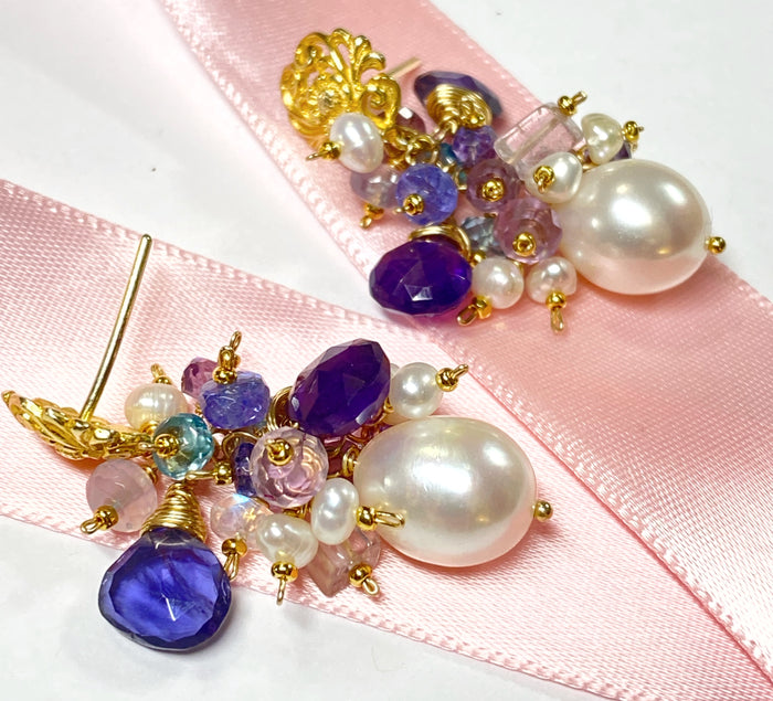 Gemstone Cluster Pearl Earrings Amethyst Iolite Gold Post