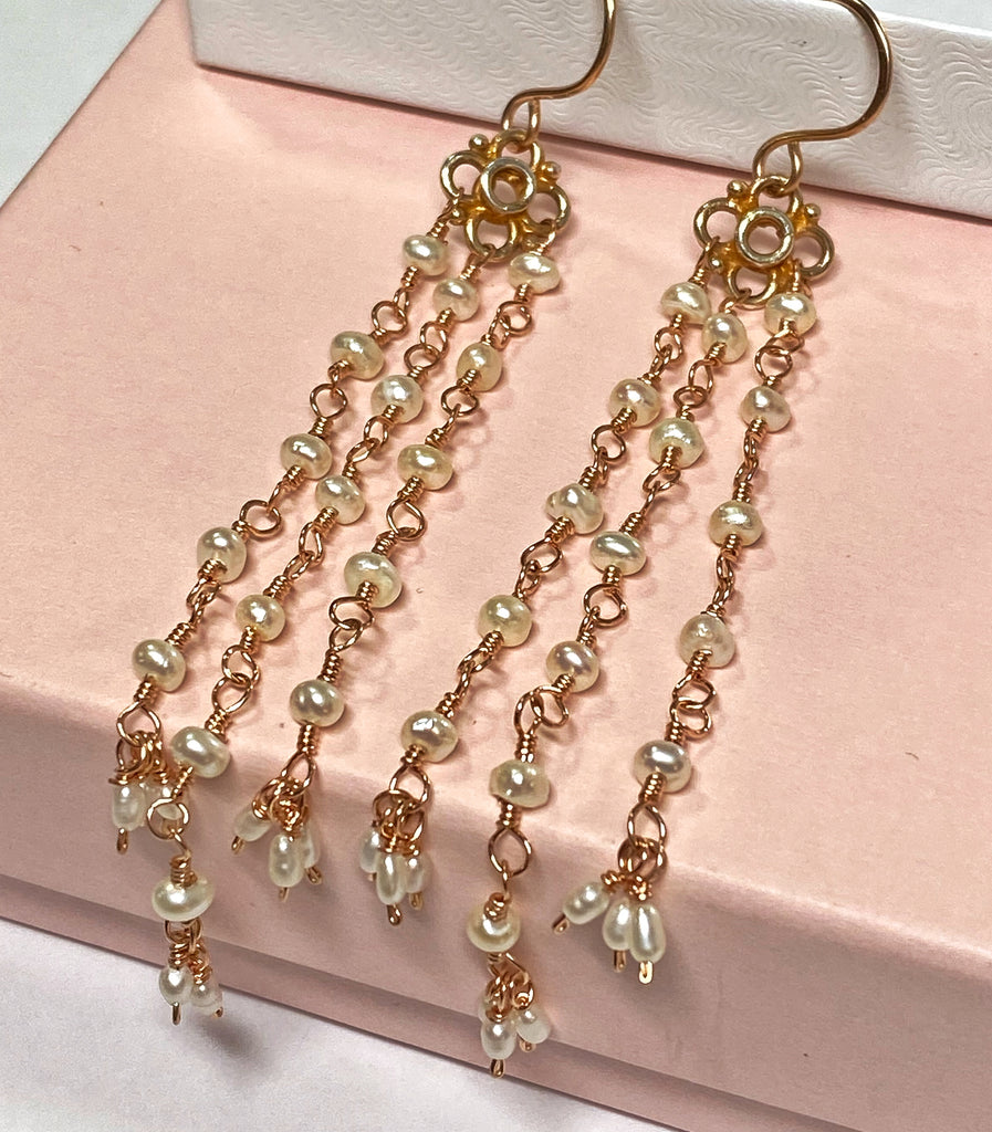 Long Pearl Shoulder Duster Dangle Earrings Rose Gold