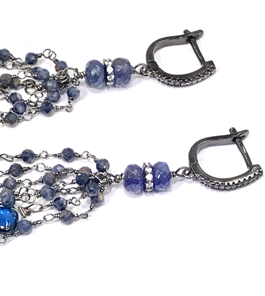 Blue Sapphire Kyanite Boho Tassel Earrings in Oxidized Sterling Silver - doolittlejewelry