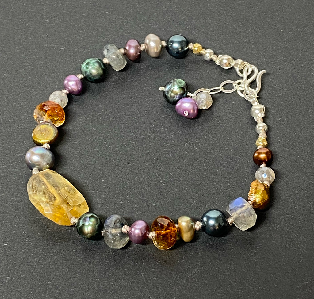 Citrine, Gemstone and Pearl Silk Knotted Bracelet, Adjustable