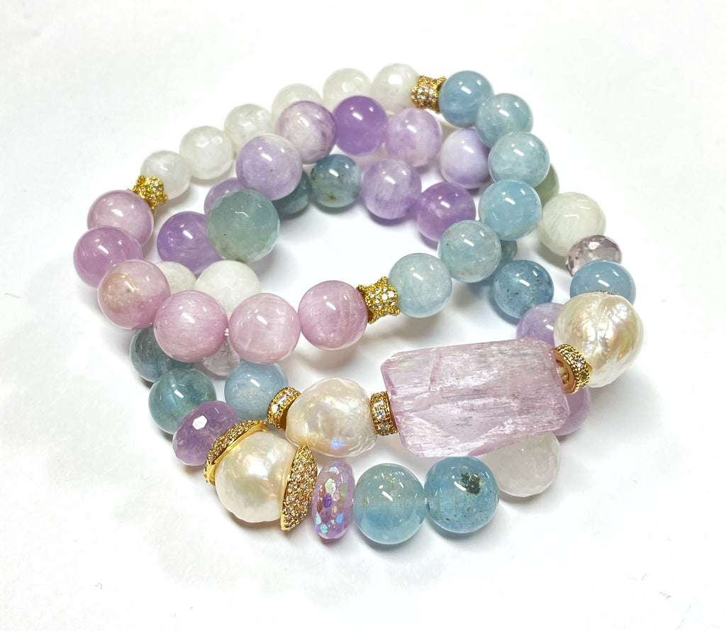 Kunzite, Pearl, Pastel Gemstone Stretch Stacking Bracelet