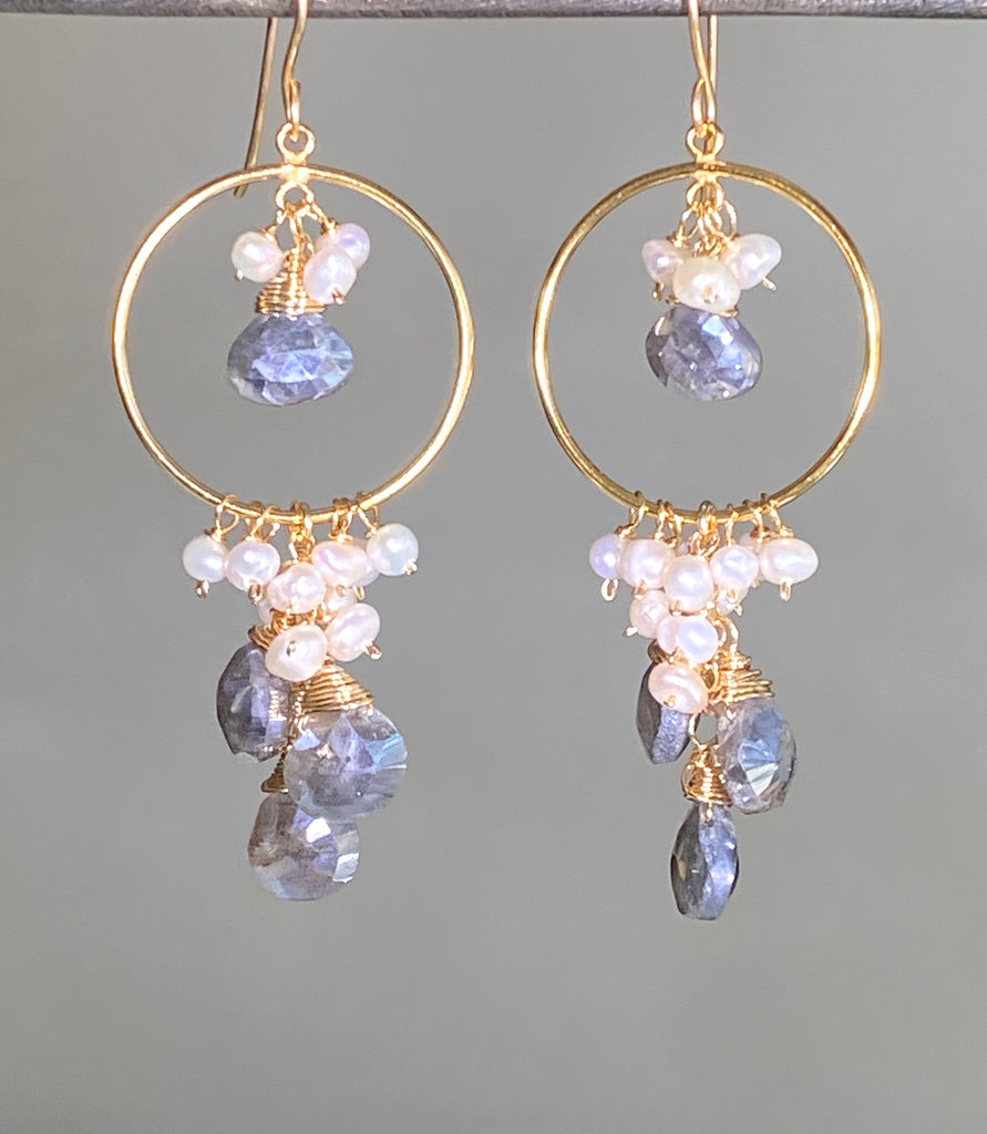 Mystic Grey Labradorite Gold Fill Hoop Earrings Pearl Cluster