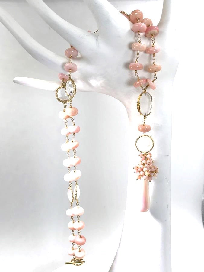 Pink Peruvian Opal Long Wire Wrapped Necklace