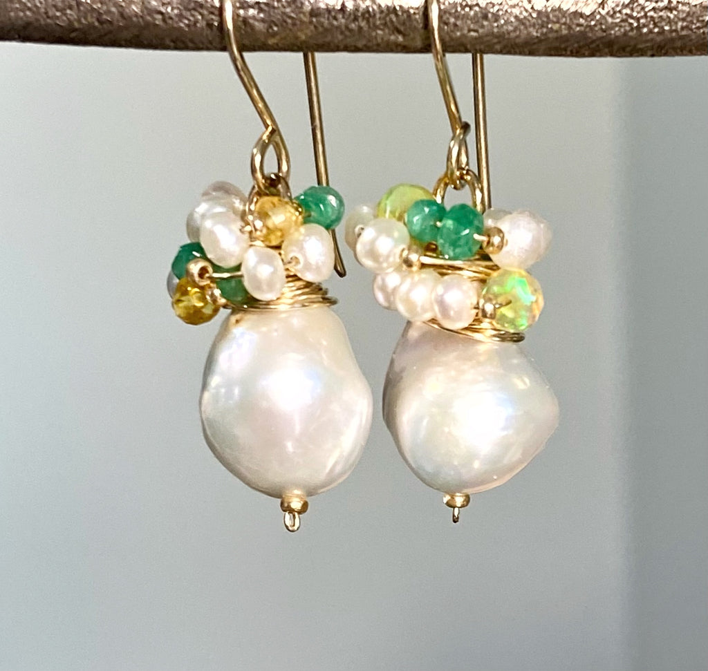 Emerald, Opal and Pearl Cluster Earrings Gold Fill