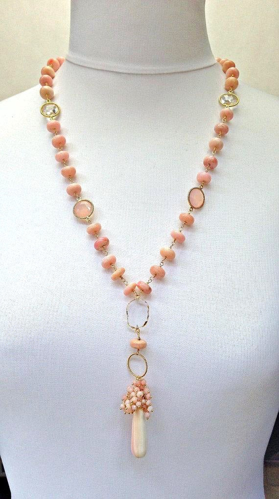 Pink Peruvian Opal Long Wire Wrapped Necklace