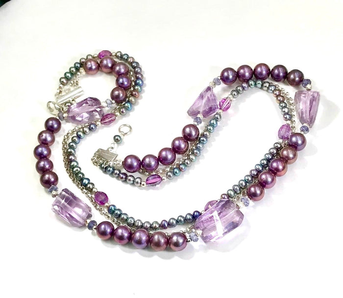 Amethyst and Pearl Multi-Strand Triple Strand Necklace - doolittlejewelry