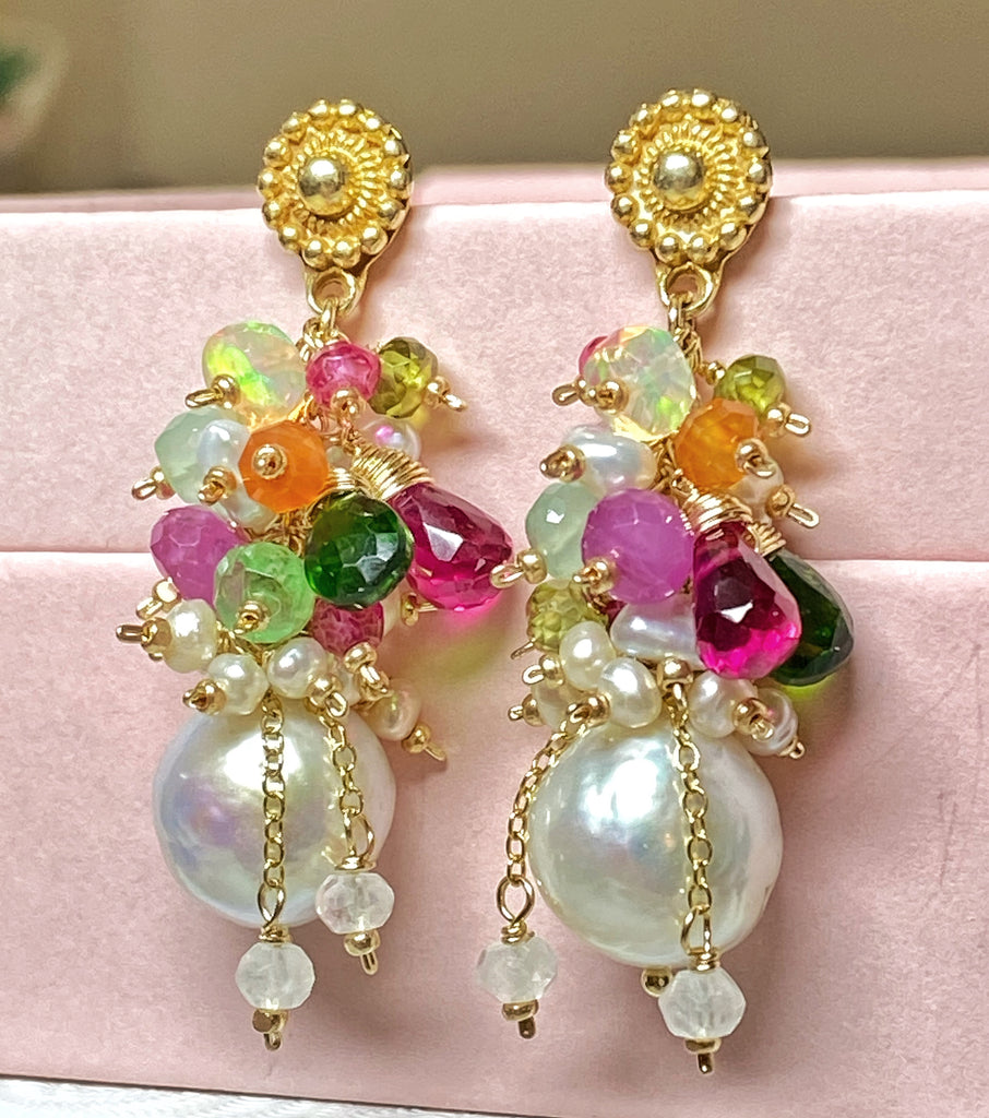 Colorful Gemstone Pearl Cluster Earrings Gold Post