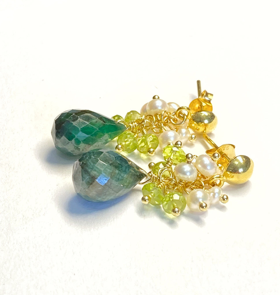 Emerald and Peridot Pearl Cluster Earrings Gold