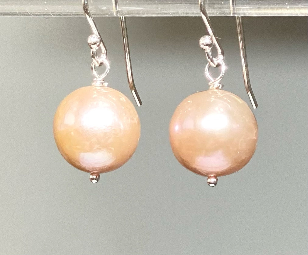 Round Pink Edison Pearl Drop Earrings Sterling Silver