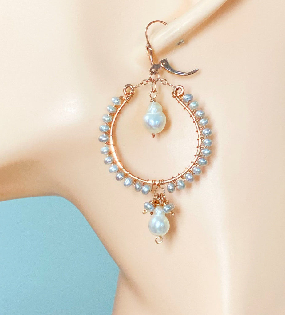 Statement Rose Gold Hoop Earrings with Baroque Pearl Drops