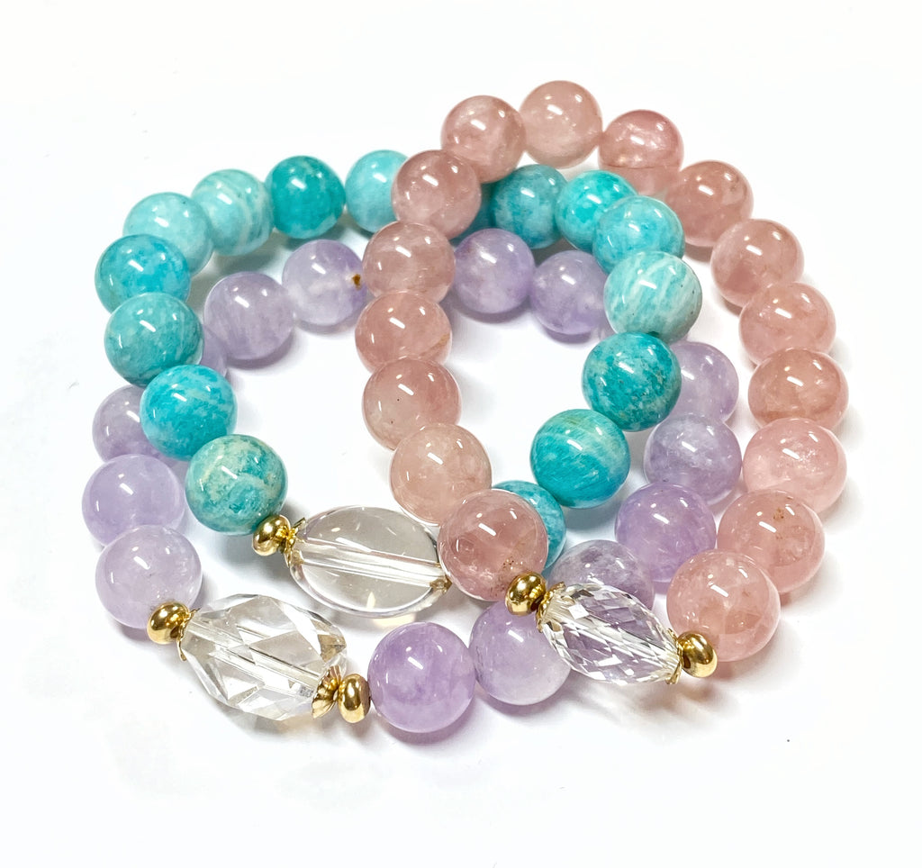 Pastel Gemstone Stretch Stacking Bracelet Set of 3 with Crystal Quartz