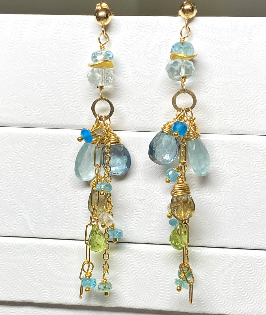 Aquamarine and Gemstone Dangle Long Earrings