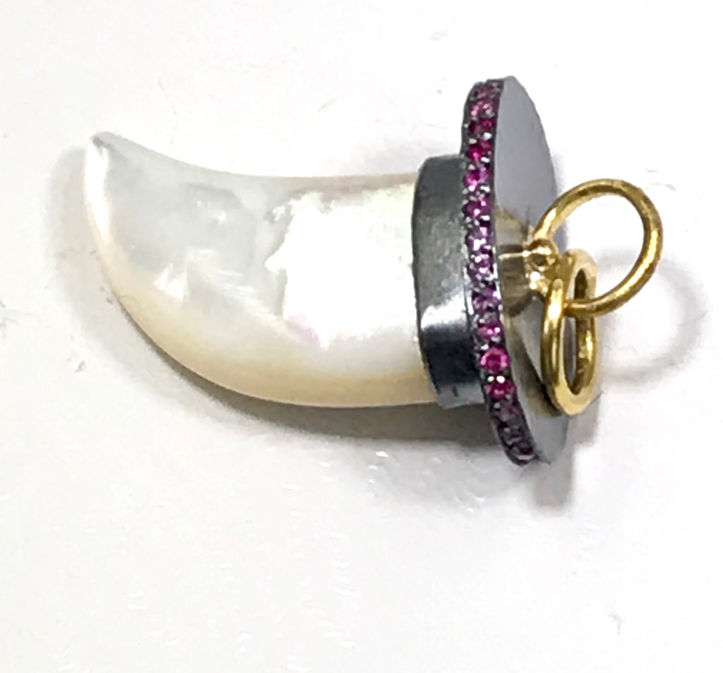 Mother of Pearl Horn Charm Pave Pink Sapphire 22k Gold Oxidized Silver - doolittlejewelry