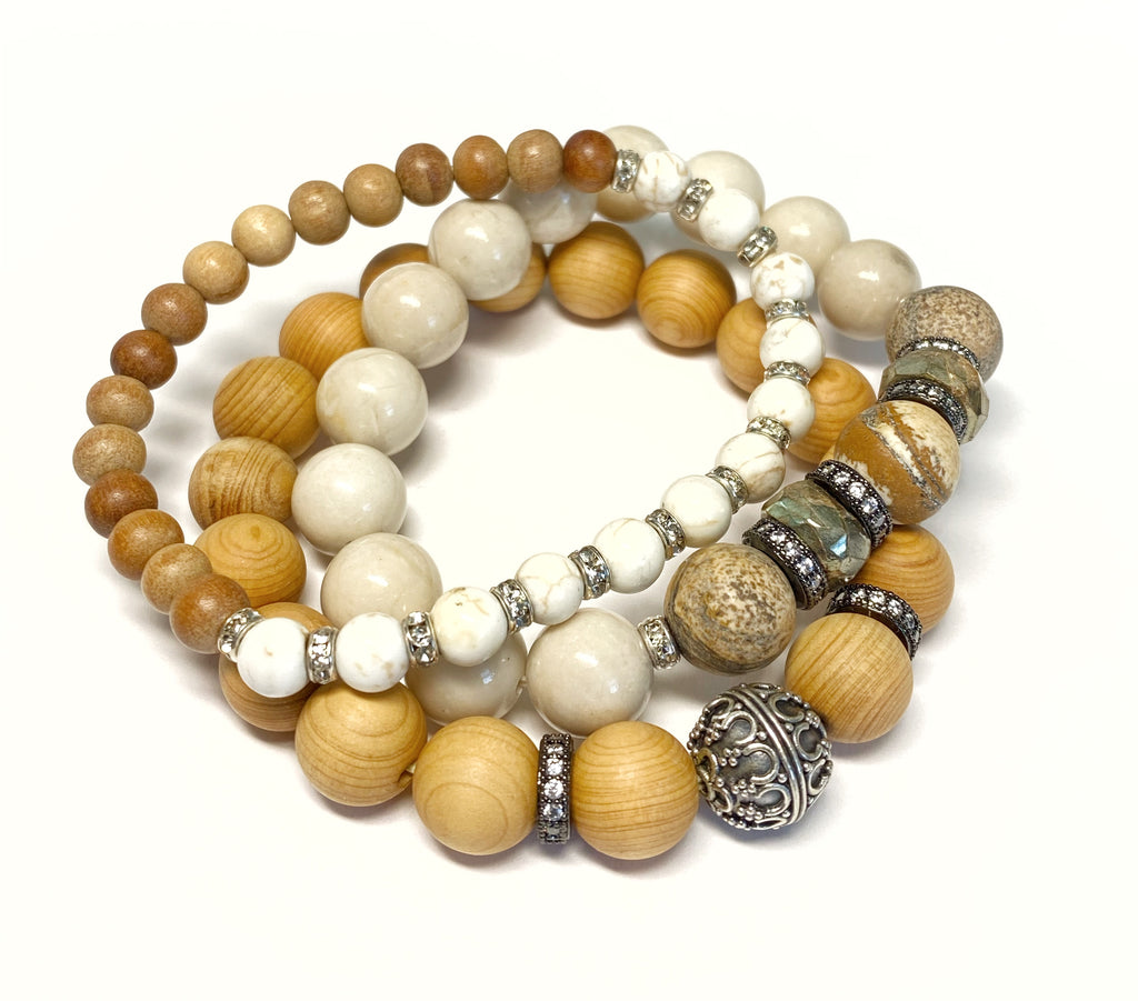 Sterling Silver Stretch Stacking Bracelet Set of 3 Sandalwood Neutrals