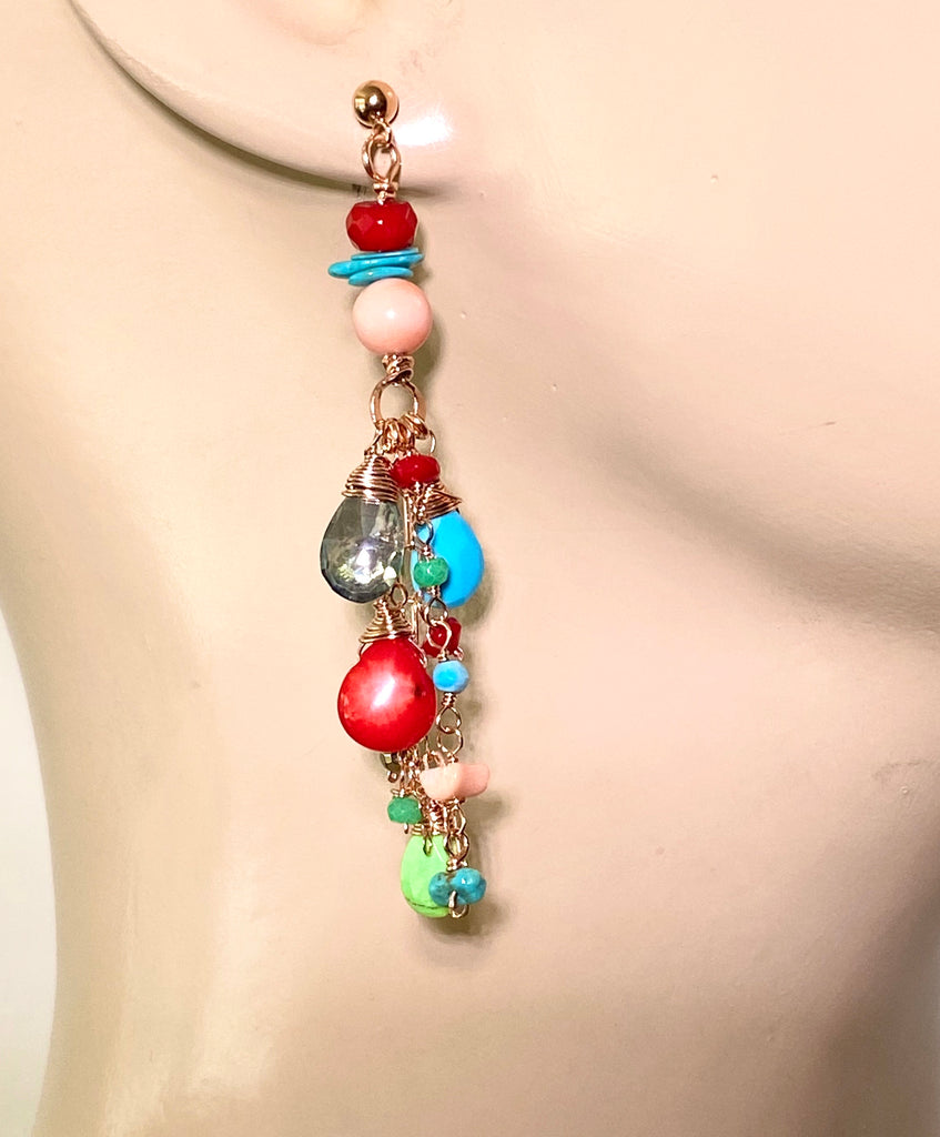 Turquoise Red Coral Rose Gold Long Boho Dangle Earrings - doolittlejewelry