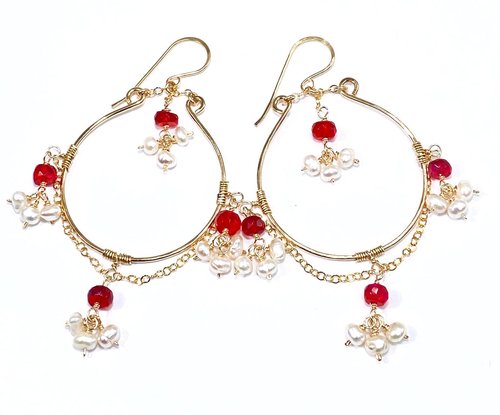 Ruby Red Opal Pearl Gold Fill Hoop Earrings