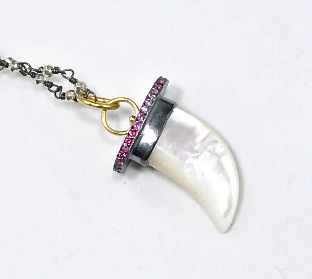 Mother of Pearl Horn Charm Pave Pink Sapphire 22k Gold Oxidized Silver - doolittlejewelry