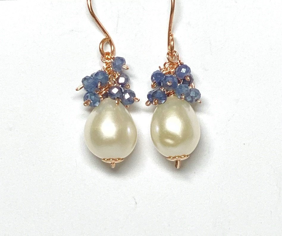 Blue Sapphire and Pearl Cluster Earrings Rose Gold