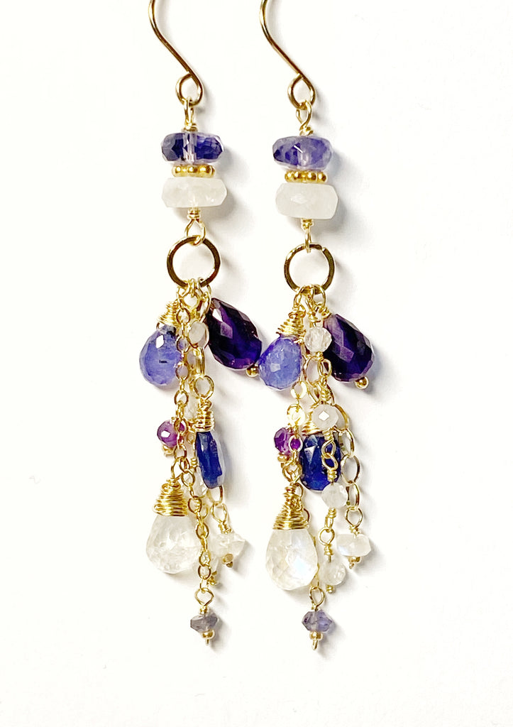 Blue Violet Gemstone Dangle Earrings - Amethyst, Tanzanite, Kyanite, Moonstone