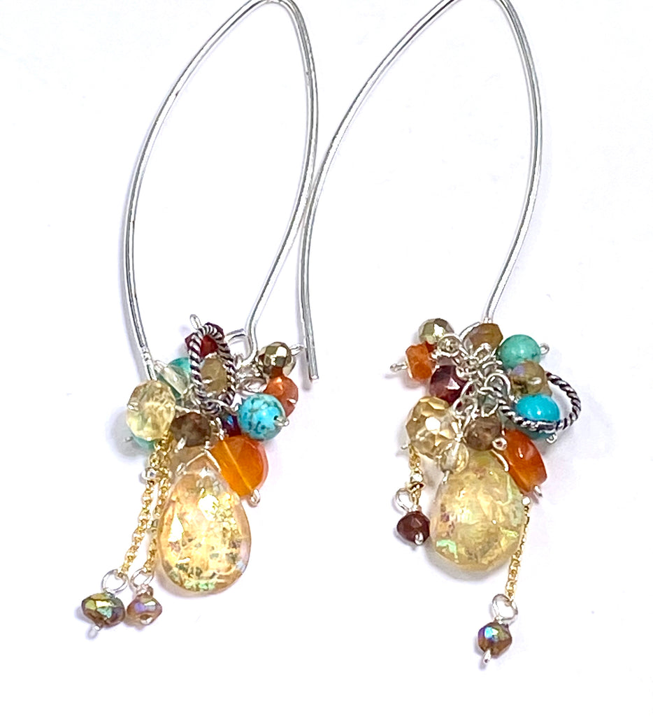 Mystic Citrine Earth Tone Gem Cluster Long Earrings Sterling Silver