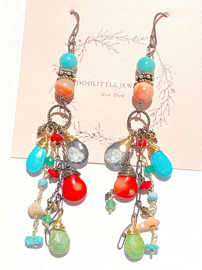 Turquoise Long Boho Earrings Mixed Metal Red Coral Green Turquoise