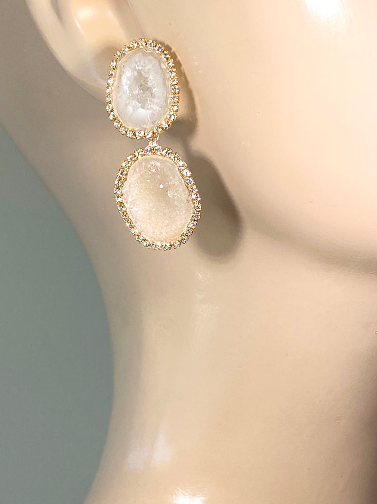 Ivory Tabasco Geode Bridal Earrings Double Dangle Post Diamond Style - doolittlejewelry