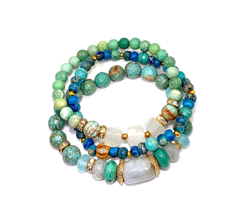 Turquoise Stretch Stacking Bracelet Set of 3 Gold Pave CZ - doolittlejewelry